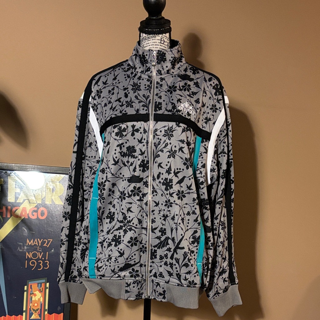 Vintage Enyce Gray Floral Bomber Jacket With Teal Highlights. Size M